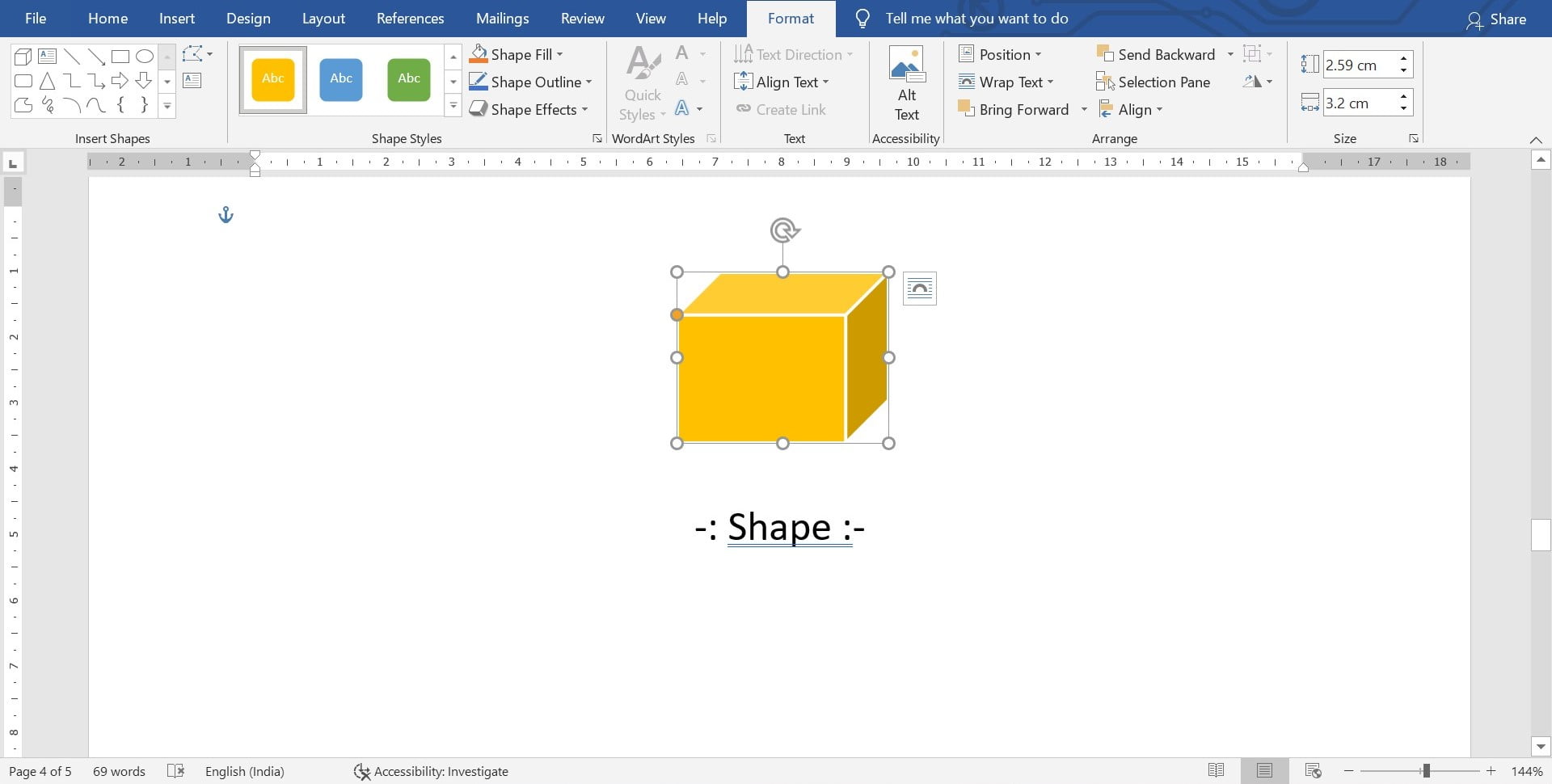 Insert Shape in MS Word की पूरी जानकारी। 