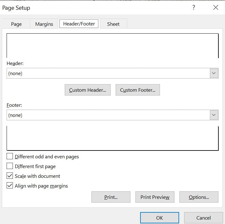 ms excel header and footer