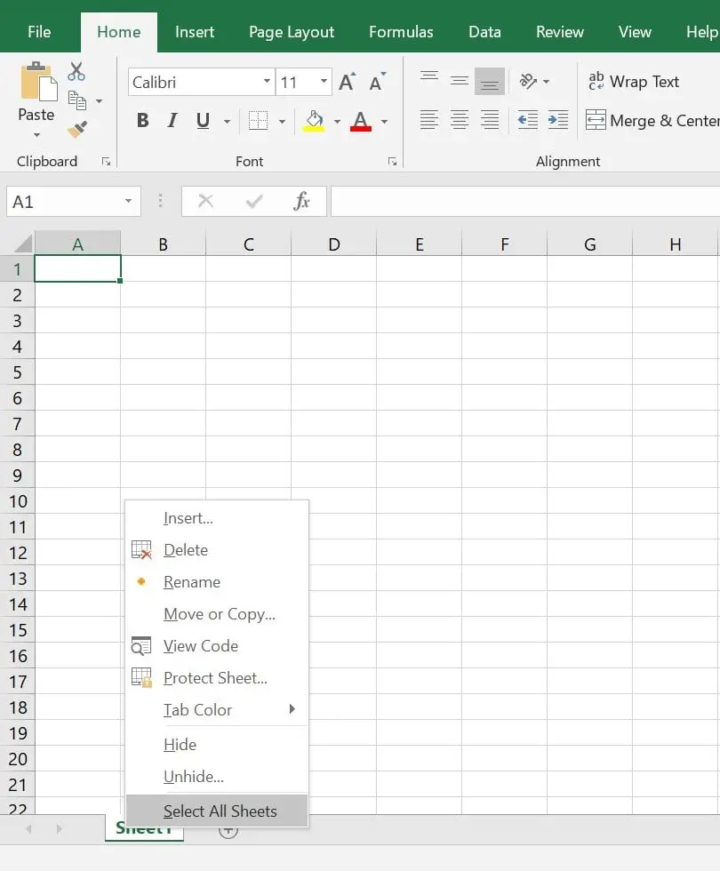 how to select all sheet in excel