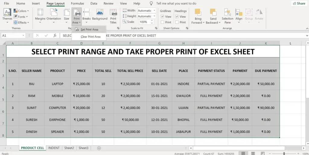 select print range excel sheet