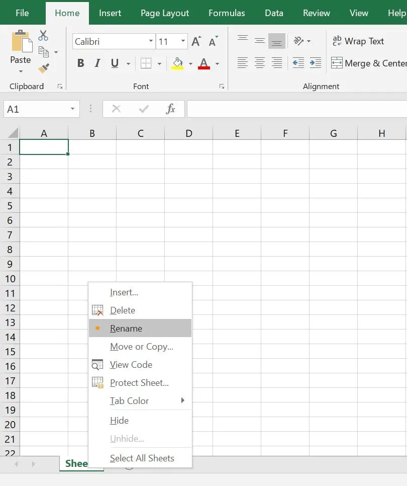 how to rename excel sheet