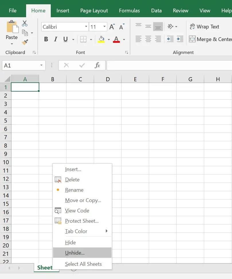how to unhide excel sheet