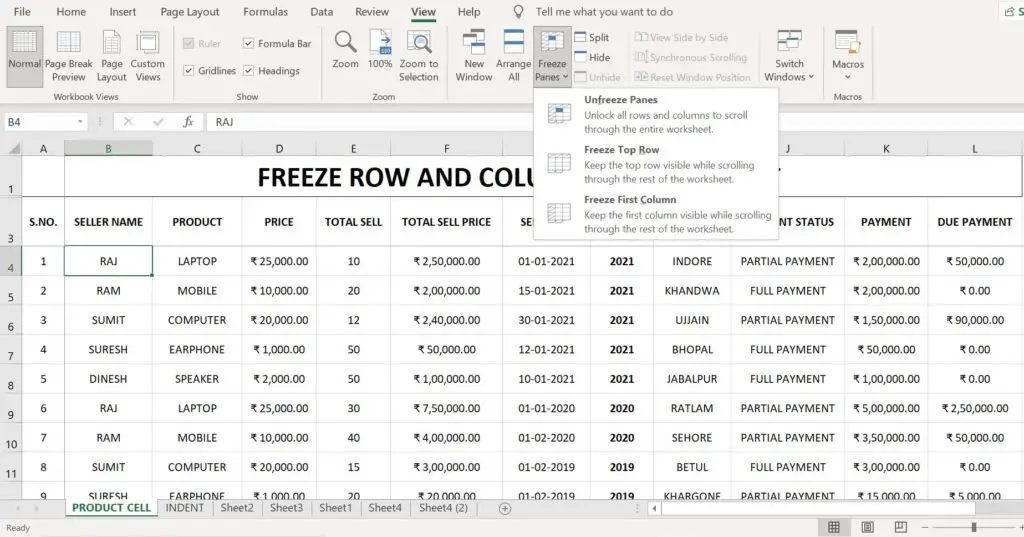 freeze cells in excel