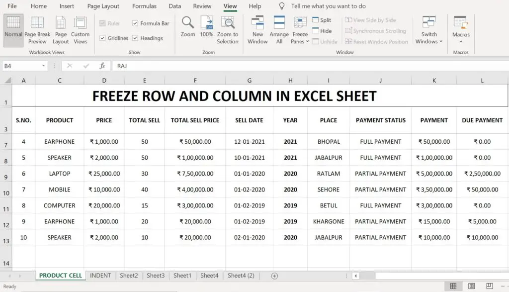 freeze cells in excel