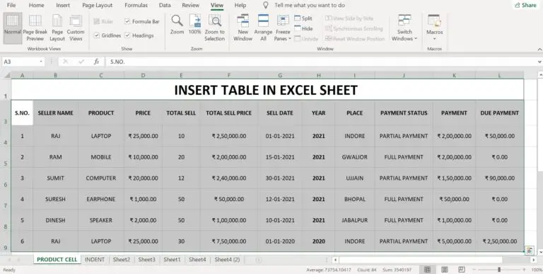 insert table in excel sheet