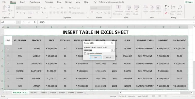format as a table in excel sheet