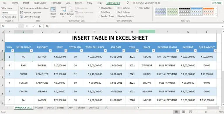 insert table in excel sheet