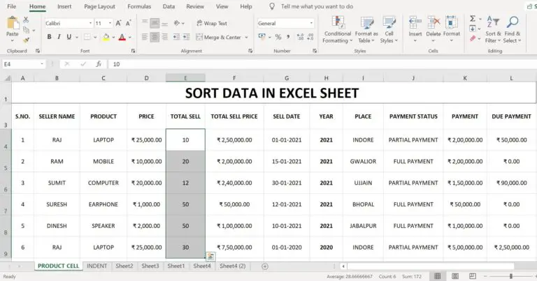 sort data in excel sheet