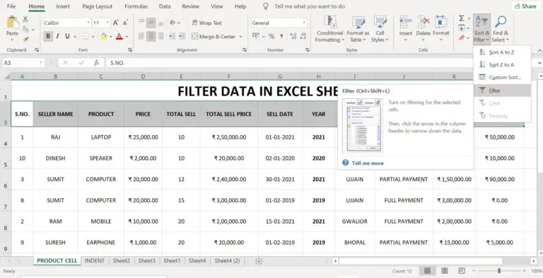 filter excel sheet data