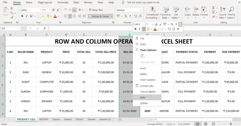 hide column in excel